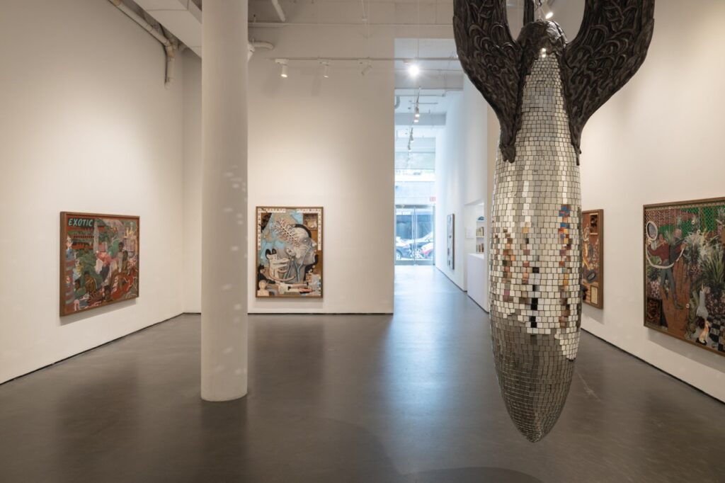 new york art week: Kawayan de Guia’s Exotic Adventures in the land of not so plenty on view on the left of the bomb-turned-disco-ball at Silverlens Gallery.
