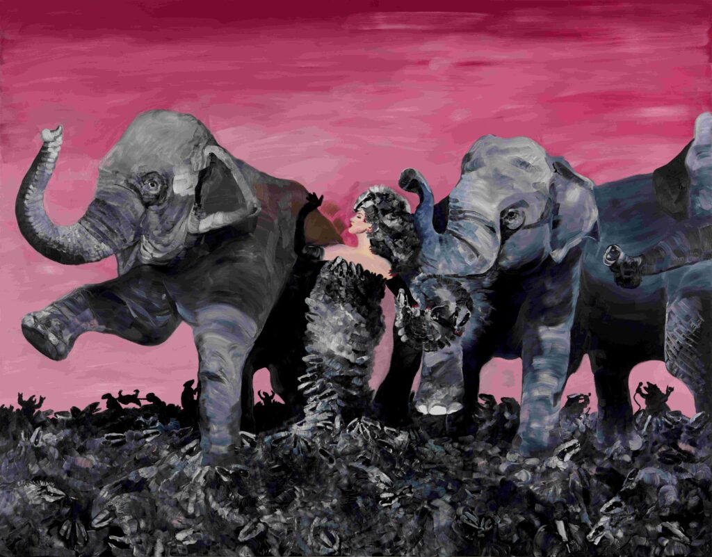 top charity art 2026: Pola Dwurnik, New Choreography of Alcina: Chapter Three, Dance with Elephants (after Richard Avedon), 2024. TOP CHARITY Art 2026 press materials.
