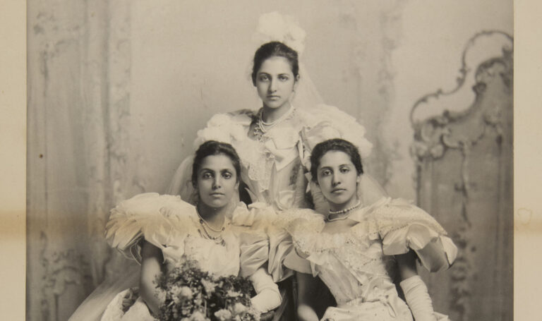 princesses of punjab: Portrait of Princesses Sophia, Catherine, and Bamba Duleep Singh as debutantes, 1895. © Peter Bance Collection. Press materials. Detail.
