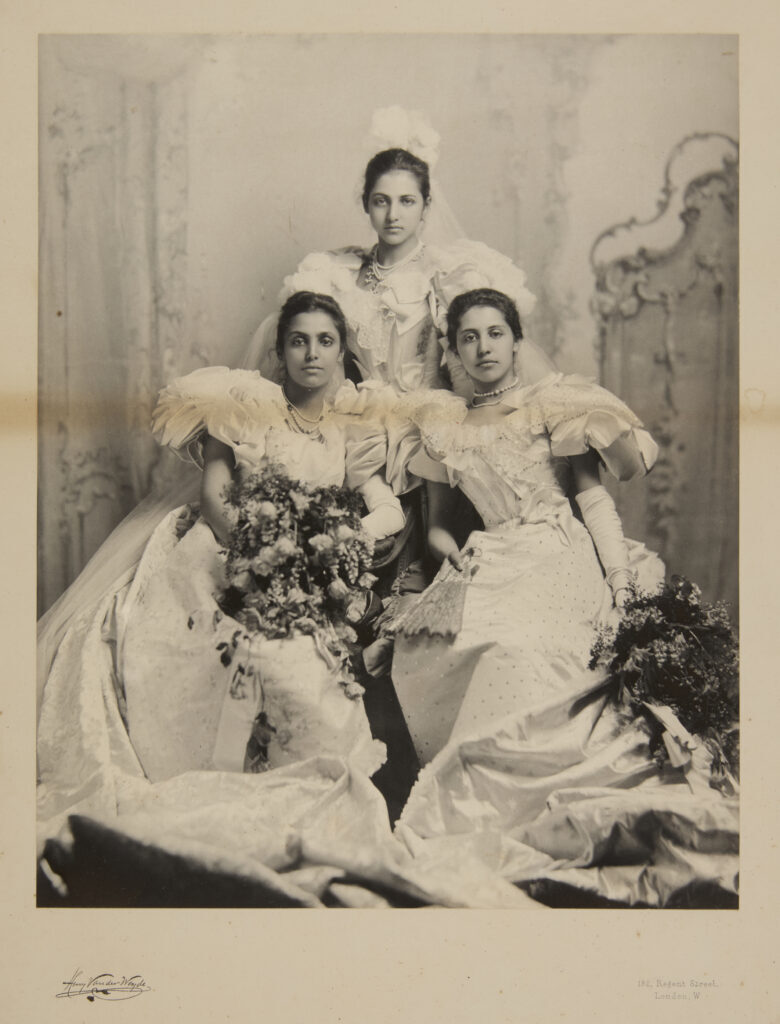 princesses of punjab: Portrait of Princesses Sophia, Catherine, and Bamba Duleep Singh as debutantes, 1895. © Peter Bance Collection. Press materials.
