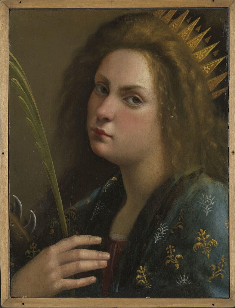 women artists postcards: Artemisia Gentileschi, Self-Portrait as Saint Catherine of Alexandria, 1614, private collection. Wikimedia Commons (public domain).
