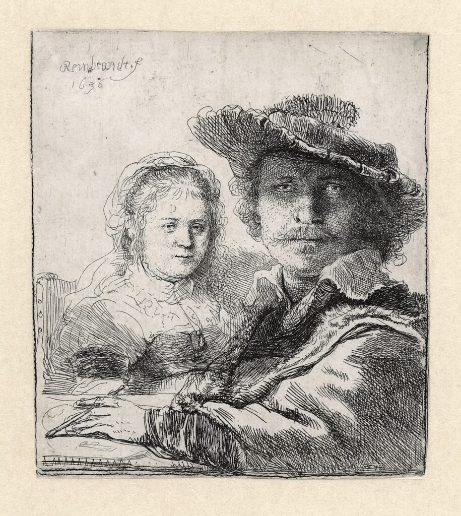 Rembrandt etchings: Rembrandt, Self-Portrait with Saskia, 1636, Rembrandt House Museum, Amsterdam, Netherlands.
