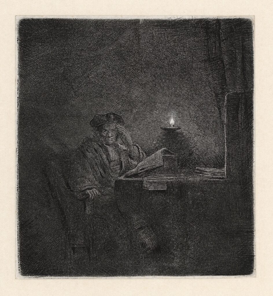 Rembrandt etchings: Rembrandt, Student at a Table by Candlelight, c. 1642, Rembrandt House Museum, Amsterdam, Netherlands.
