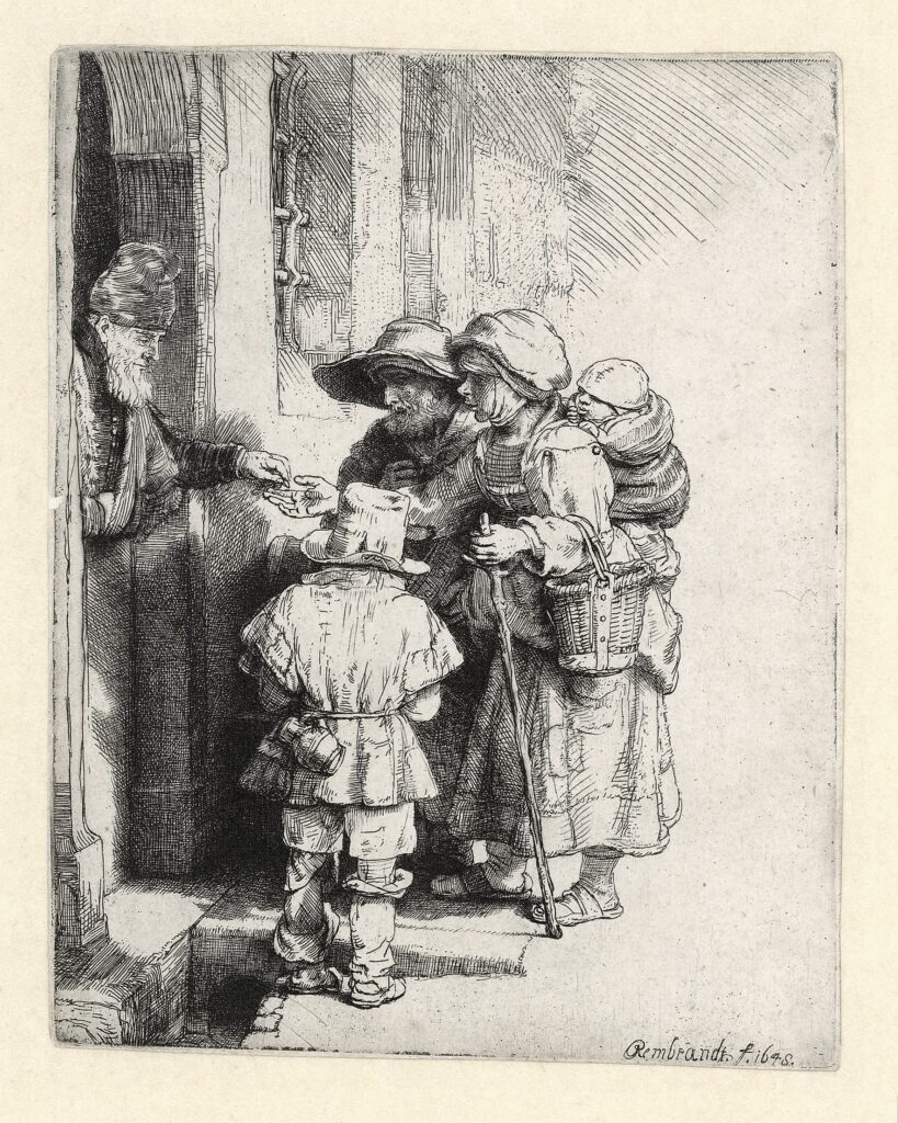Rembrandt etchings: Rembrandt, Beggars Receiving Alms at the Door of a House, 1648, Rembrandt House Museum, Amsterdam, Netherlands.
