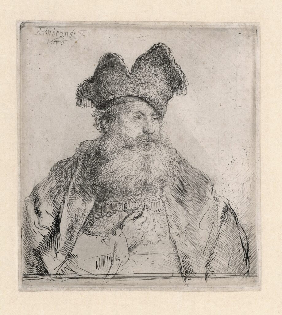 Rembrandt etchings: Rembrandt, Man in a Divided Fur Cap, 1640, Rembrandt House Museum, Amsterdam, Netherlands.
