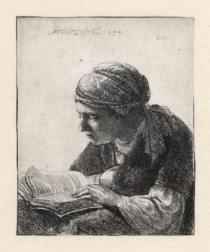Rembrandt etchings: Rembrandt, Woman Reading, 1634, Rembrandt House Museum, Amsterdam, Netherlands.
