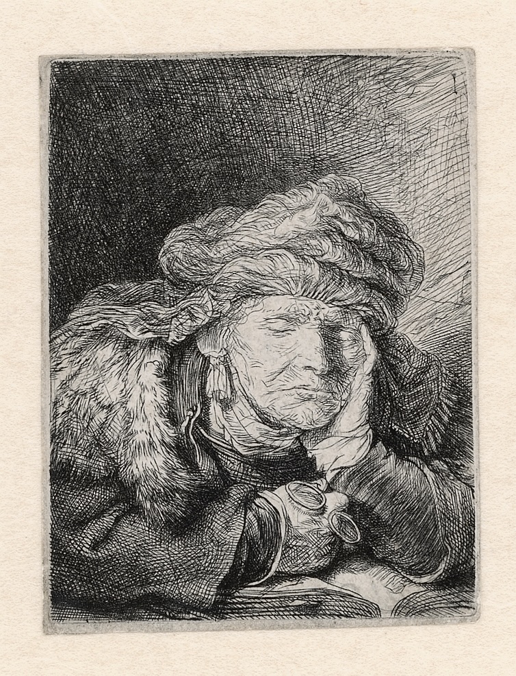 Rembrandt etchings: Rembrandt, Old Woman Sleeping, c. 1636, Rembrandt House Museum, Amsterdam, Netherlands.
