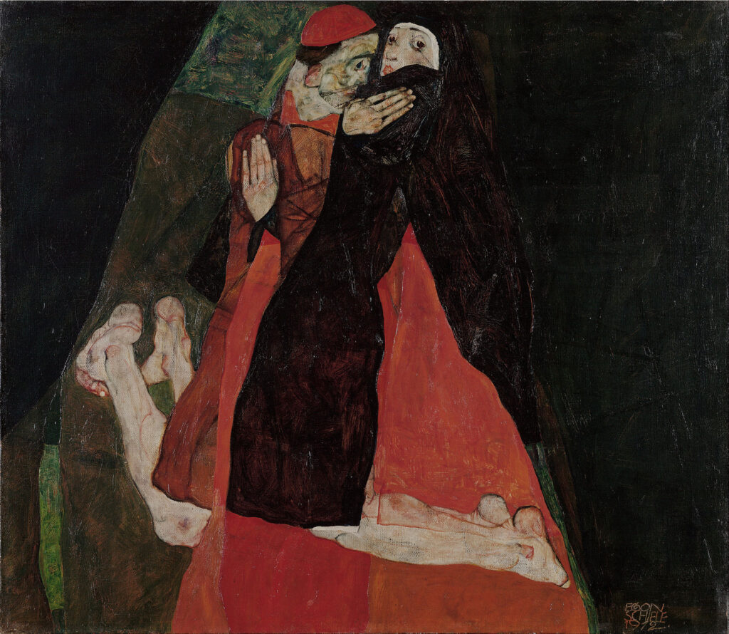 Egon Schiele paintings: Egon Schiele, Caress (Cardinal and Nun), 1912, Leopold Museum, Vienna, Austria.
