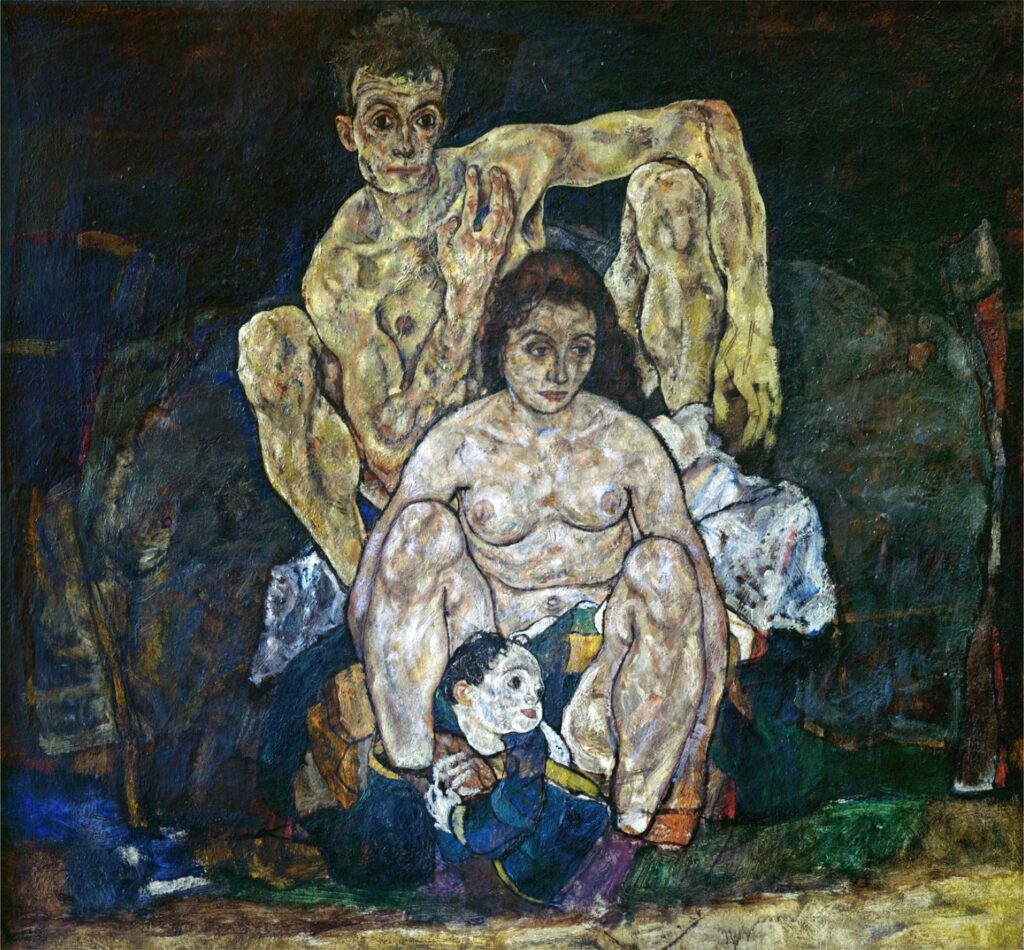 Egon Schiele paintings: Egon Schiele, The Family (Squatting Couple), 1918, Österreichische Galerie Belvedere, Vienna, Austria.
