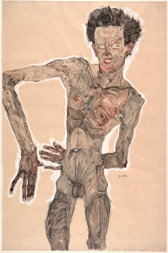Egon Schiele paintings: Egon Schiele, Nude Self-Portrait, Grimacing, 1910, Albertina, Vienna, Austria.
