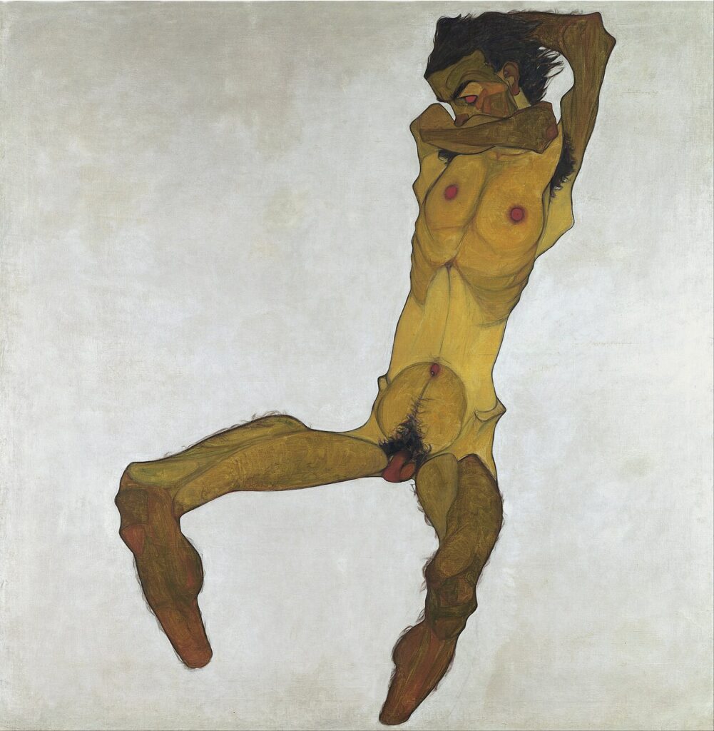 Egon Schiele paintings: Egon Schiele, Seated Male Nude (Self-Portrait), 1910, Leopold Museum, Vienna, Austria.
