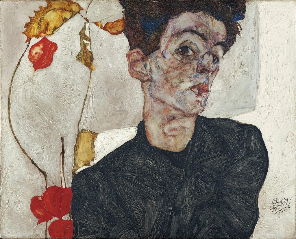 Egon Schiele paintings: Egon Schiele, Self-Portrait with Chinese Lantern Plant, 1912, Leopold Museum, Vienna, Austria.
