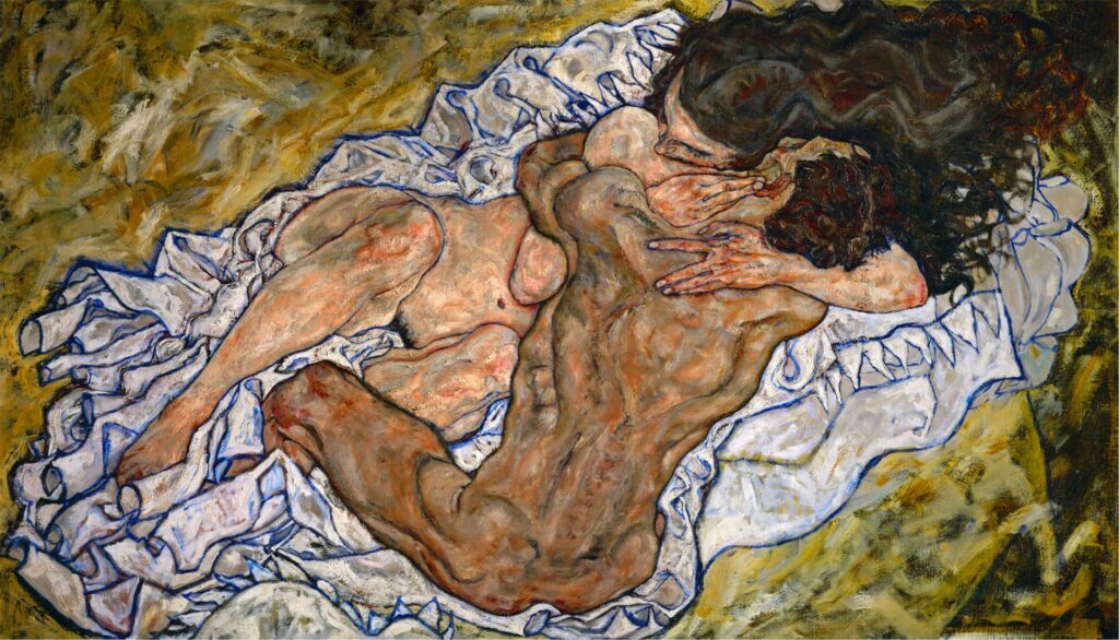 Egon Schiele paintings: Egon Schiele, Embrace (Lovers II), 1917, Österreichische Galerie Belvedere, Vienna, Austria.
