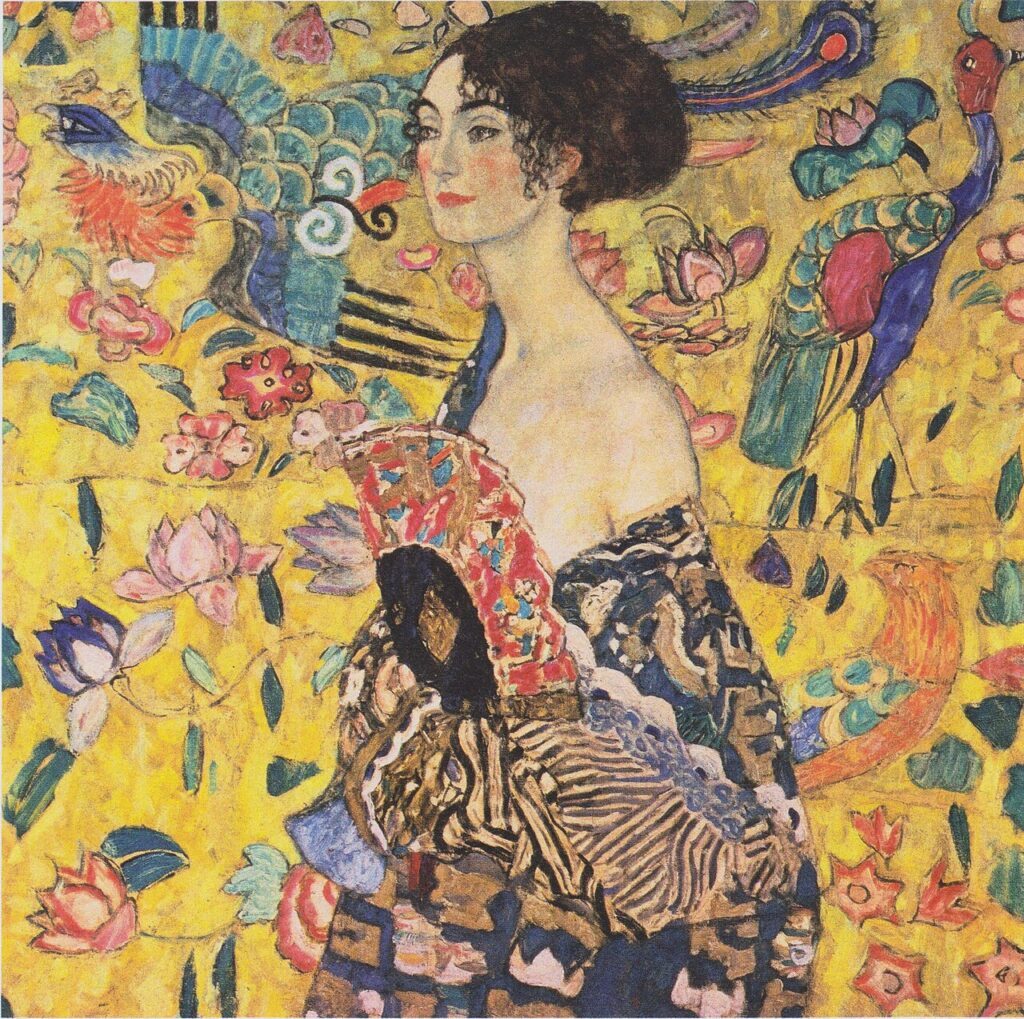 Portrait of Elisabeth Lederer: Gustav Klimt, Woman with a Fan, 1917–1918, private collection. Wikimedia Commons (public domain).
