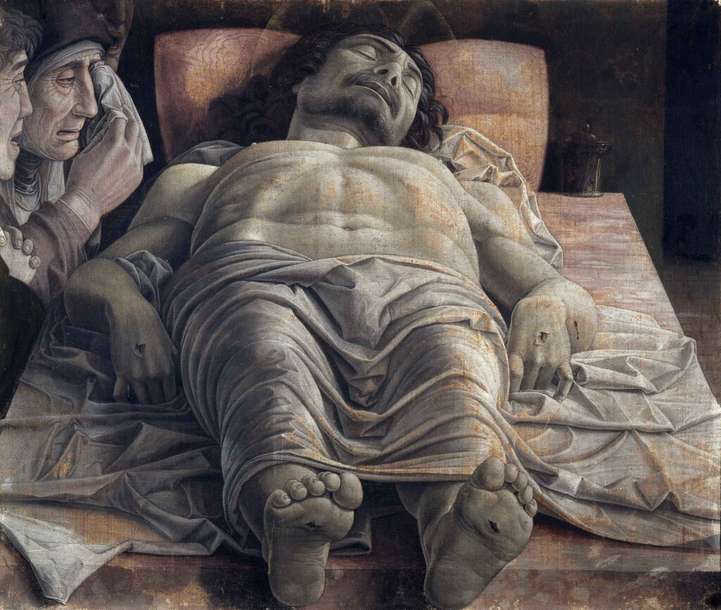 anatomy lesson of dr deijman: Andrea Mantegna, Lamentation of Christ, c. 1480, Pinacoteca di Brera, Milan, Italy.
