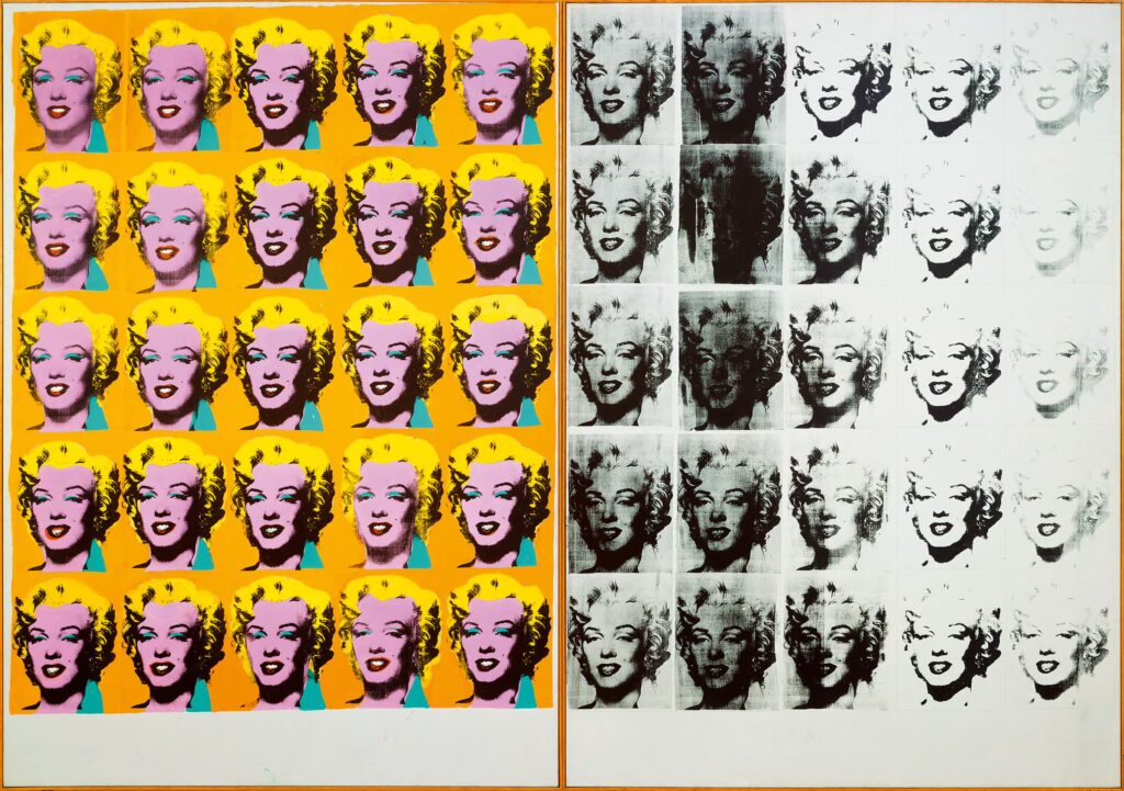 Andy Warhol Artworks: Andy Warhol in 10 Artworks: Andy Warhol, Marilyn Diptych, 1962, Tate Modern, London, UK. Photograph by The Andy Warhol Foundation for the Visual Arts/Artists Rights Society/DACS. The Guardian.

