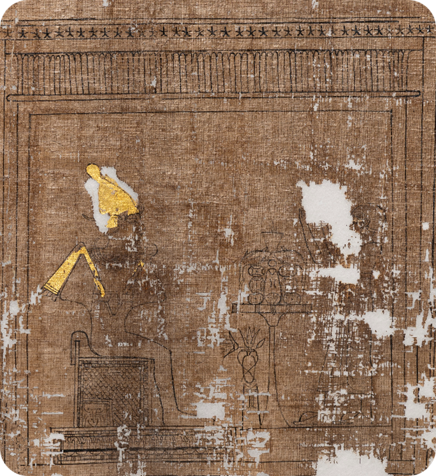 Book of the Dead: The manuscript opens with an image of Ankhmerwer standing before the Egyptian god of the dead, Osiris. Scene from Book of the Dead of Ankhmerwer, 305–30 BCE, Brooklyn Museum, New York City, NY, USA. Detail.
