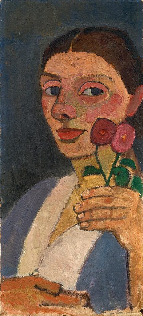 women artists postcards: Paula Modersohn-Becker, Self-Portrait with Two Flowers in Her Raised Left Hand, 1907, Museum of Modern Art, New York City, NY, USA.
