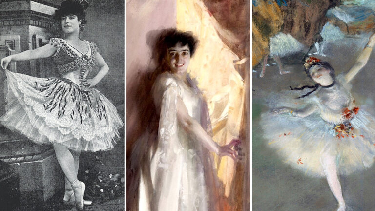 Rosita Mauri: Left: Rosita Mauri in Le Cid, 1885. Detail. Center: Anders Zorn, Portrait of Rosita Mauri, 1888, Gothenburg Museum of Art, Gothenburg, Sweden. Detail. Right: Edgar Degas, Ballet (Dancer on the Stage), 1876–1877, Musée d’Orsay, Paris, France. Detail.
