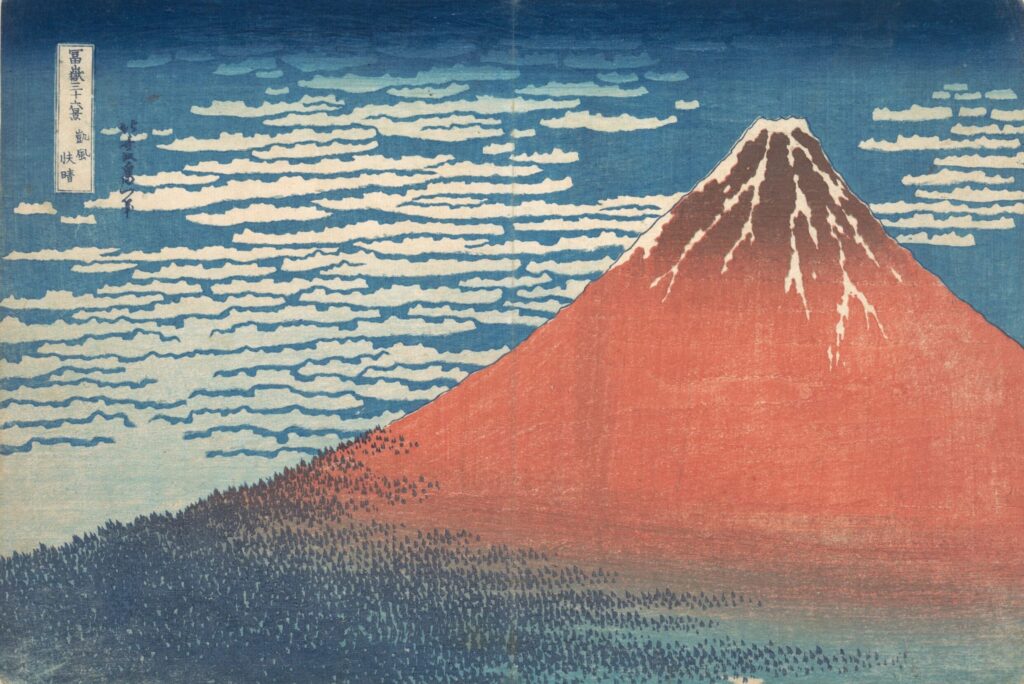 Hokusai artworks: Hokusai in 10 Artworks: Hokusai, South Wind, Clear Sky (Gaifū kaisei) or Red Fuji, from the series Thirty-six Views of Mount Fuji (Fugaku sanjūrokkei), Metropolitan Museum of Art, New York City, NY, USA.
