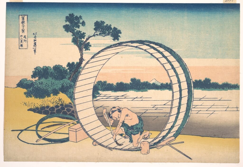 Hokusai artworks: Hokusai in 10 Artworks: Hokusai, Fujimigahara in Owari Province (Bishū Fujimigahara), from the series Thirty-six Views of Mount Fuji (Fugaku sanjūrokkei), ca. 1830–1832, Metropolitan Museum of Art, New York City, NY, USA.
