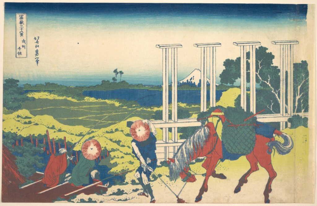 Hokusai artworks: Hokusai in 10 Artworks: Hokusai, Senju in Musashi Province (Bushū Senju), from the series Thirty-six Views of Mount Fuji (Fugaku sanjūrokkei), ca. 1830–1832, Metropolitan Museum of Art, New York City, NY, USA.
