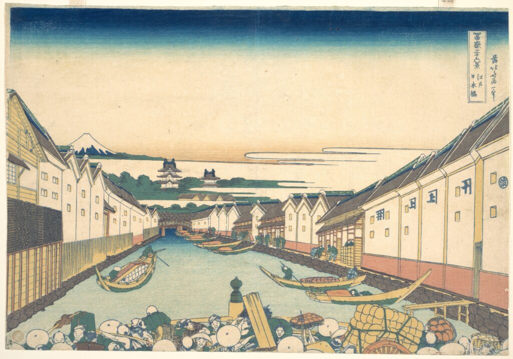 Hokusai artworks: Hokusai in 10 Artworks: Hokusai, Nihonbashi in Edo (Edo Nihonbashi), from the series Thirty-six Views of Mount Fuji (Fugaku sanjūrokkei), ca. 1830–1832, Metropolitan Museum of Art, New York City, NY, USA.
