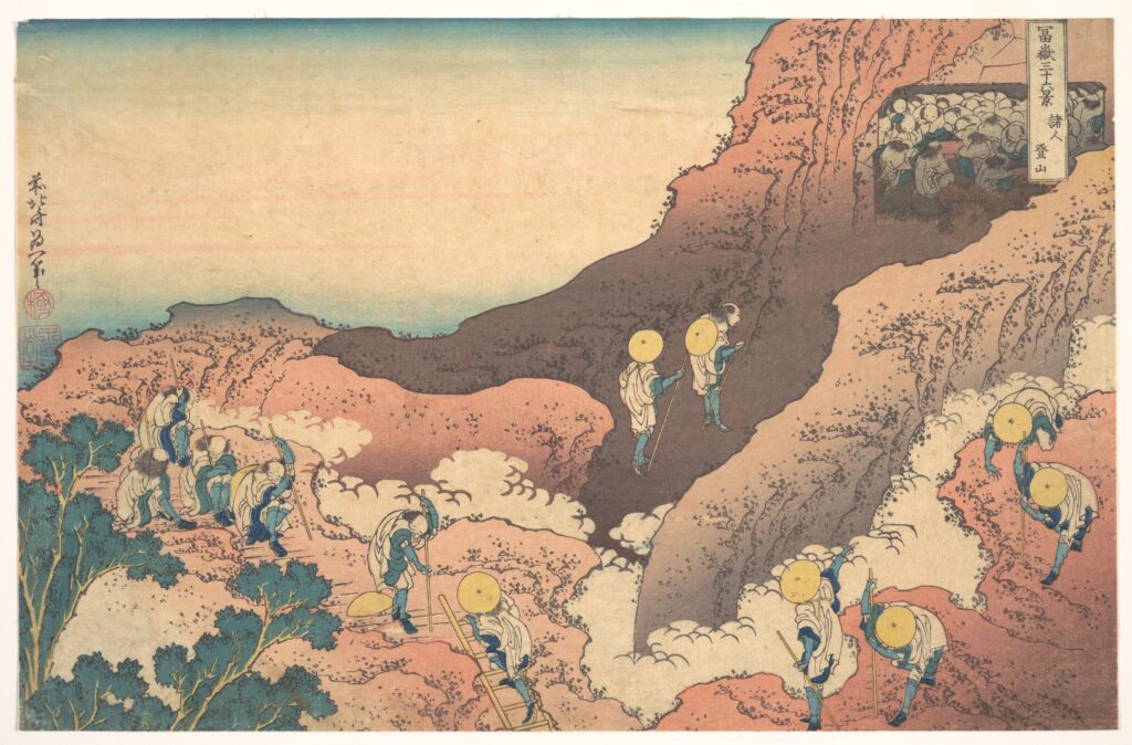 Hokusai artworks: Hokusai in 10 Artworks: Hokusai, Groups of Mountain Climbers (Shojin tozan), from the series Thirty-six Views of Mount Fuji (Fugaku sanjūrokkei), ca. 1830–1832, Metropolitan Museum of Art, New York City, NY, USA.

