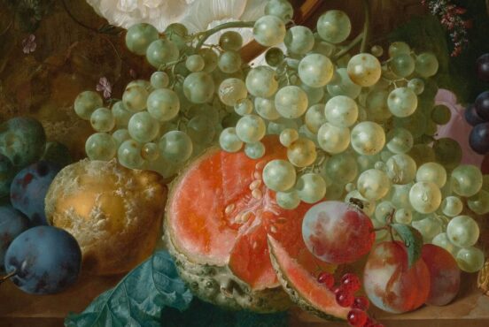 Jan van Os, Still Life with Carnations and Exotic Fruit, ca. 1770s, oil on wood, Virginia Museum of Fine Arts, Richmond, VA, USA. Detail.