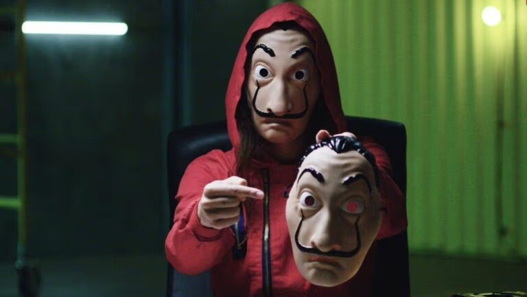Money Heist mask: Still from Money Heist, Netflix. Irish Mirror. Detail.
