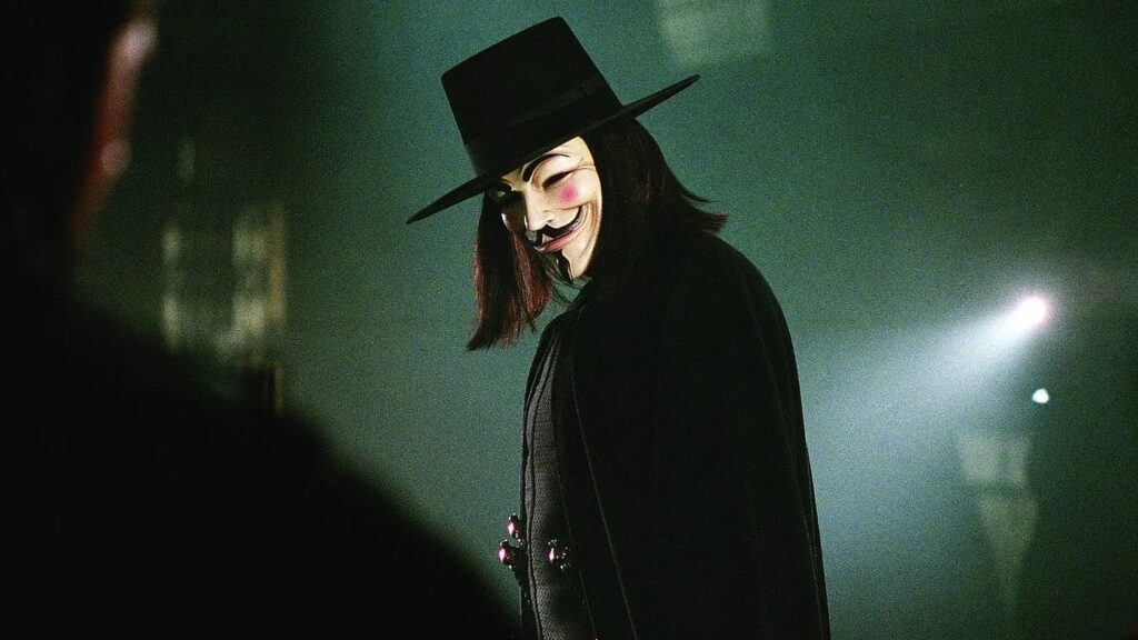 Money Heist mask: Movie still from V for Vendetta, directed by James McTeigue, 2005. Medium.
