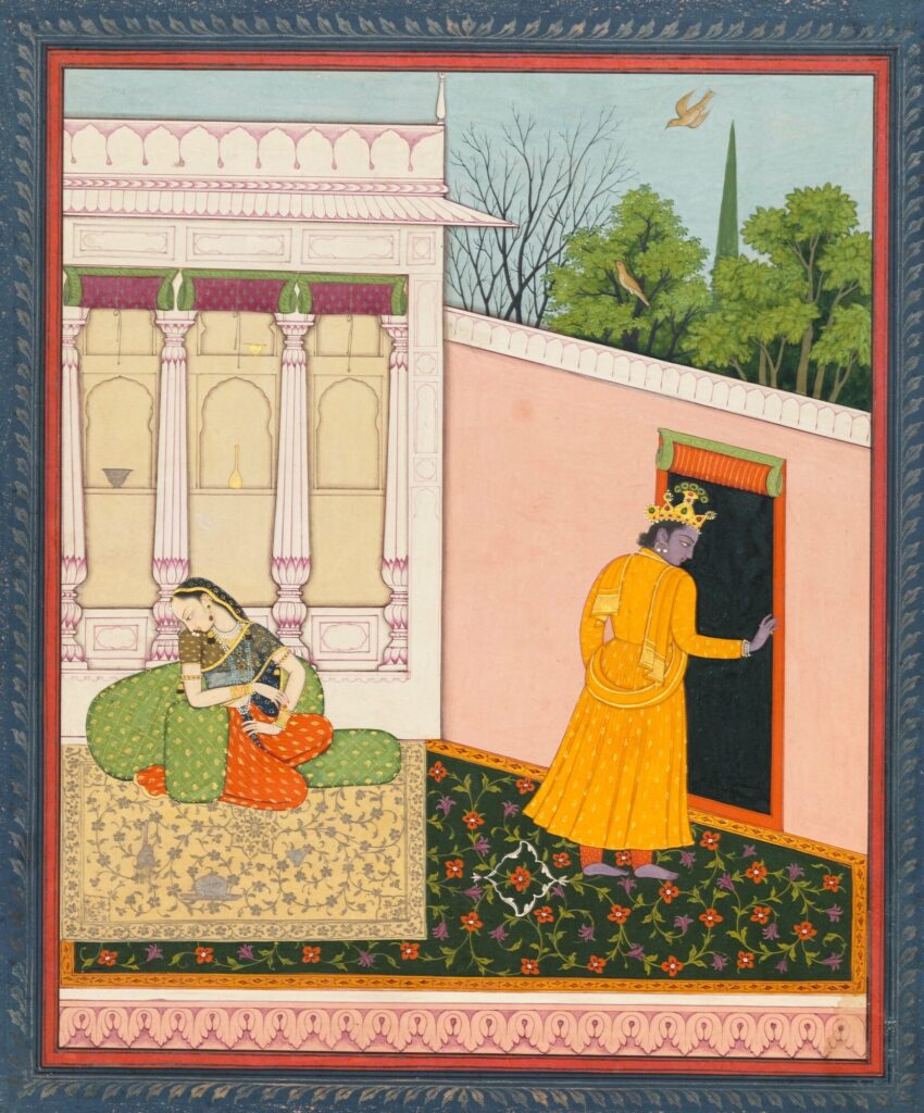 Aṣṭa-Nāyikā: Radha Is Distraught as Krishna Walks Off Dejectedly from a Rasikapriya series, ca. 1780–1790, Eva and Konrad Seitz Collection. Francesca Galloway.
