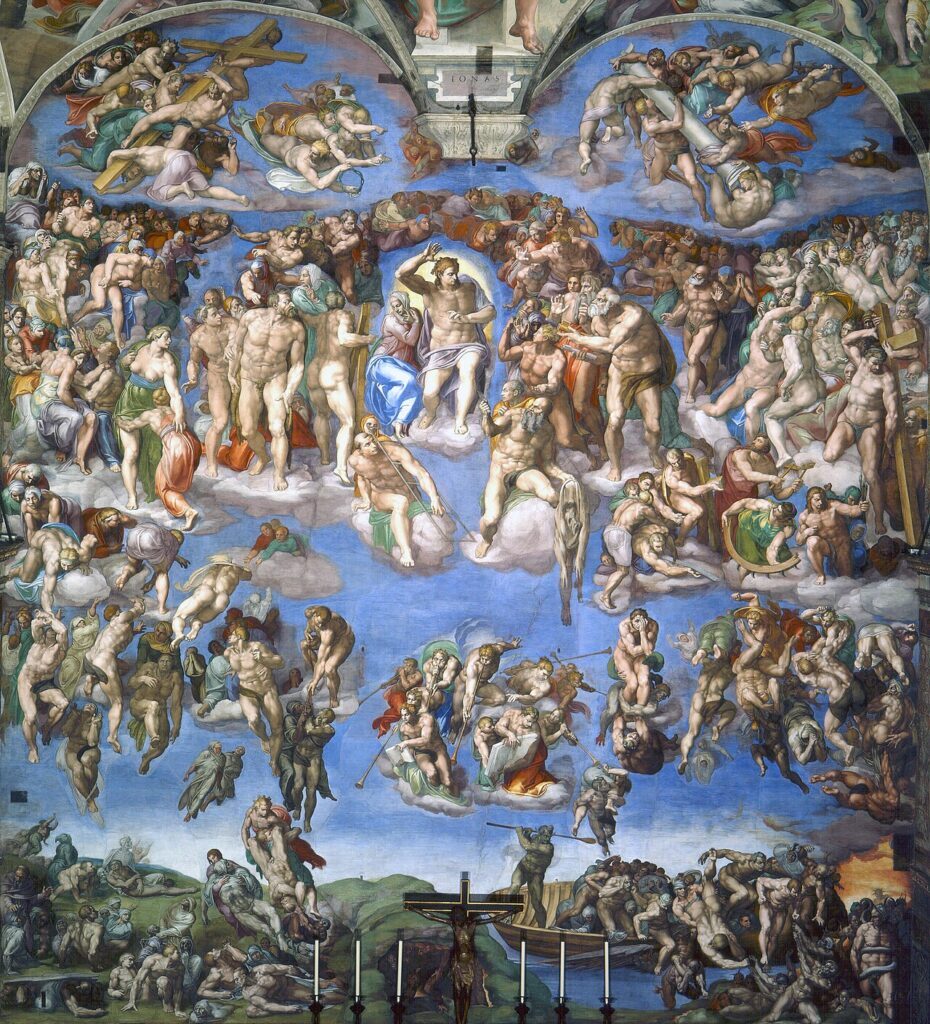 Michelangelo masterpieces: Michelangelo, The Last Judgement, 1536–1541, Sistine Chapel, Apostolic Palace, Vatican City.
