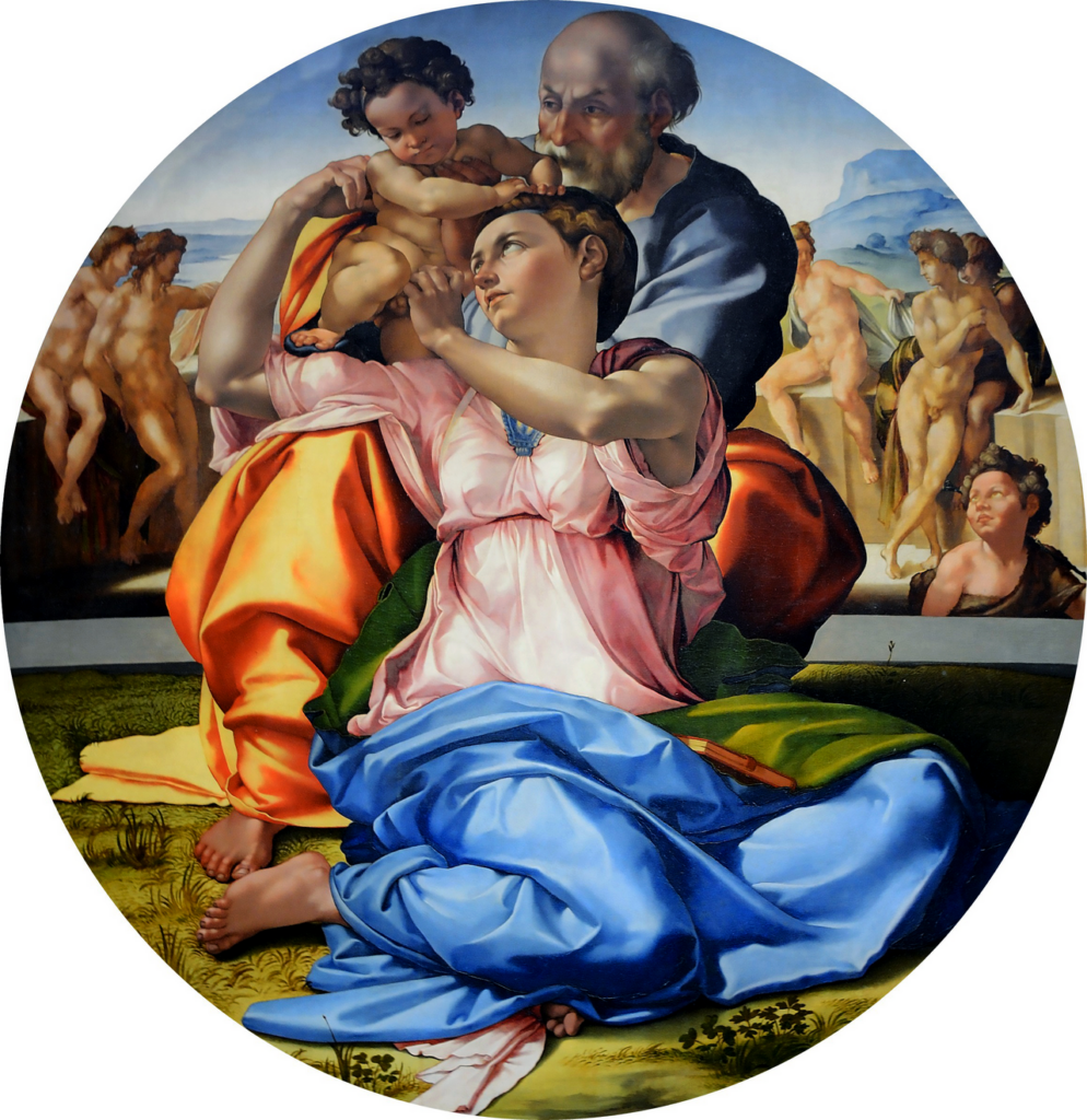 Michelangelo masterpieces: Michelangelo, Doni Tondo, 1506–1507, Uffizi, Florence, Italy.
