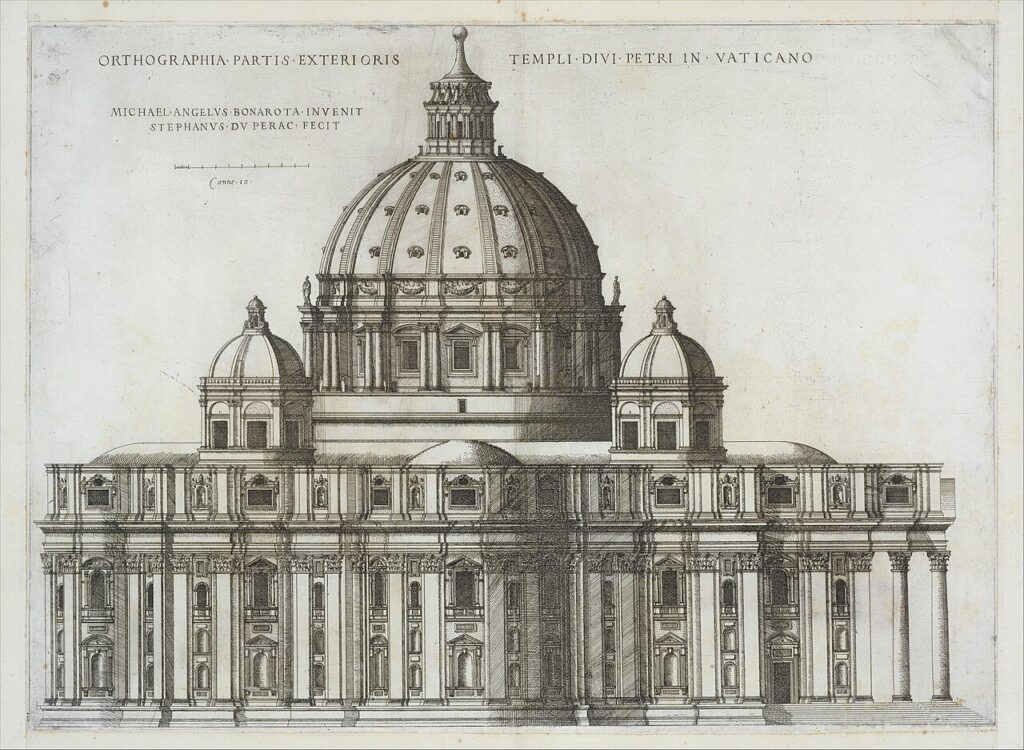 Michelangelo masterpieces: Stefan du Pérac, engraving based on Michelangelo’s designs for St Peter’s Basilica, 1569, Metropolitan Museum of Art, New York City, NY, USA.

