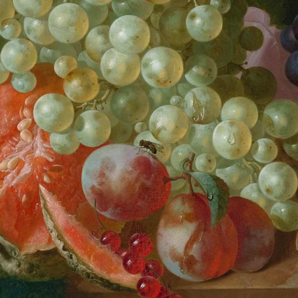Jan van Os: Jan van Os, Still Life with Carnations and Exotic Fruit, ca. 1770s, Virginia Museum of Fine Arts, Richmond, VA, USA. Detail.
