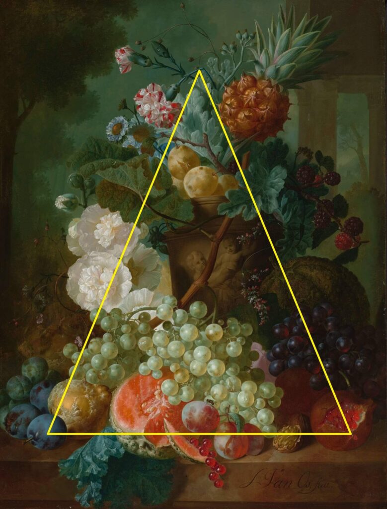 Jan van Os: Triangle composition overlay of Jan van Os, Still Life with Carnations and Exotic Fruit, ca. 1770s, Virginia Museum of Fine Arts, Richmond, VA, USA.
