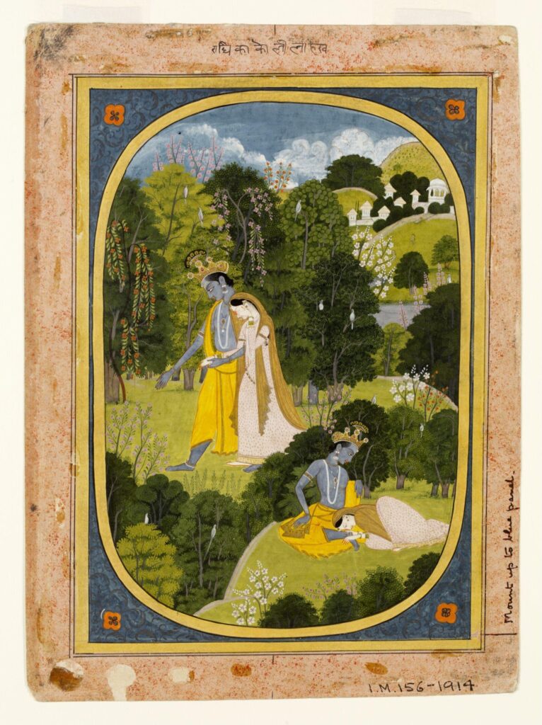Aṣṭa-Nāyikā: Radha and Krishna from Rasika Priya series, ca. 1820–1825, Victoria and Albert Museum, London, UK.
