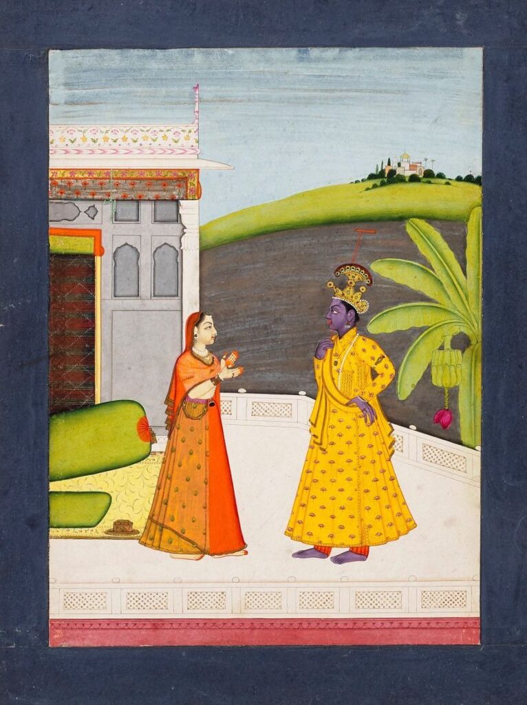 Aṣṭa-Nāyikā: Radha Upbraids Krishna for Going with Other Women from a Rasikapriya series, ca. 1750–1760. Christie’s.
