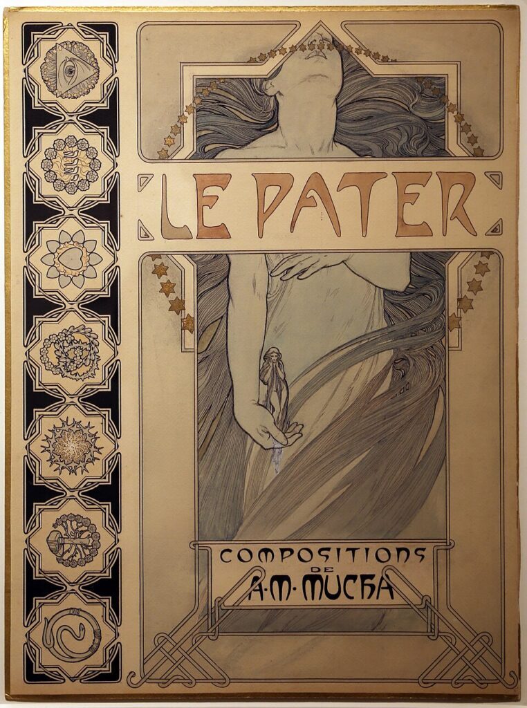 Alphonse Mucha artworks: Alphonse Mucha, Cover of Le Pater, 1899. Photograph by Sailko via Wikimedia Commons (CC BY-SA 4.0).
