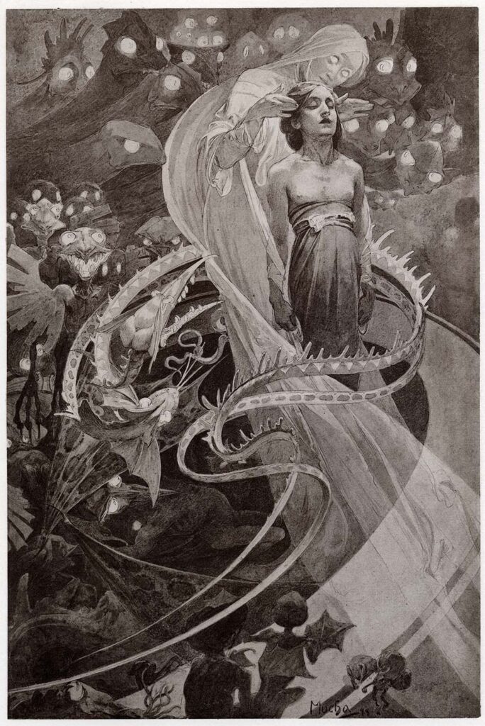 Alphonse Mucha artworks: Alphonse Mucha, Illustration for “Lead us not into temptation but deliver us from evil” in Le Pater, 1899. Photograph by Sailko via Wikimedia Commons (CC BY-SA 4.0).
