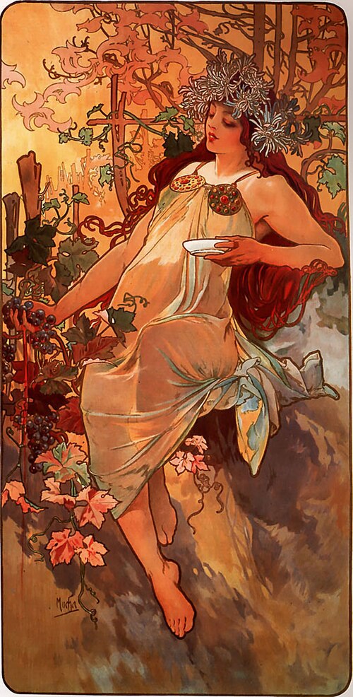 Alphonse Mucha artworks: Alphonse Mucha, The Seasons: Autumn, 1896, private collection. Wikimedia Commons (public domain).
