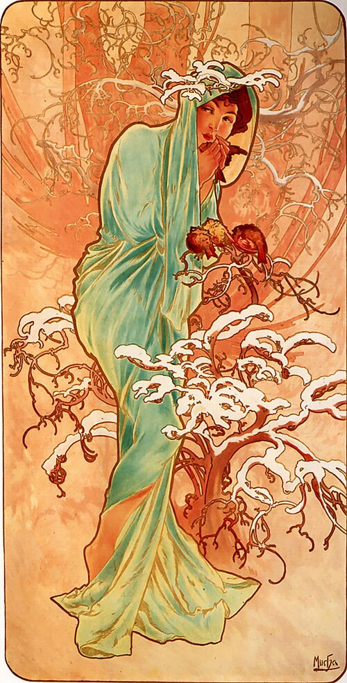 Alphonse Mucha artworks: Alphonse Mucha, The Seasons: Winter, 1896, private collection. Wikimedia Commons (public domain).
