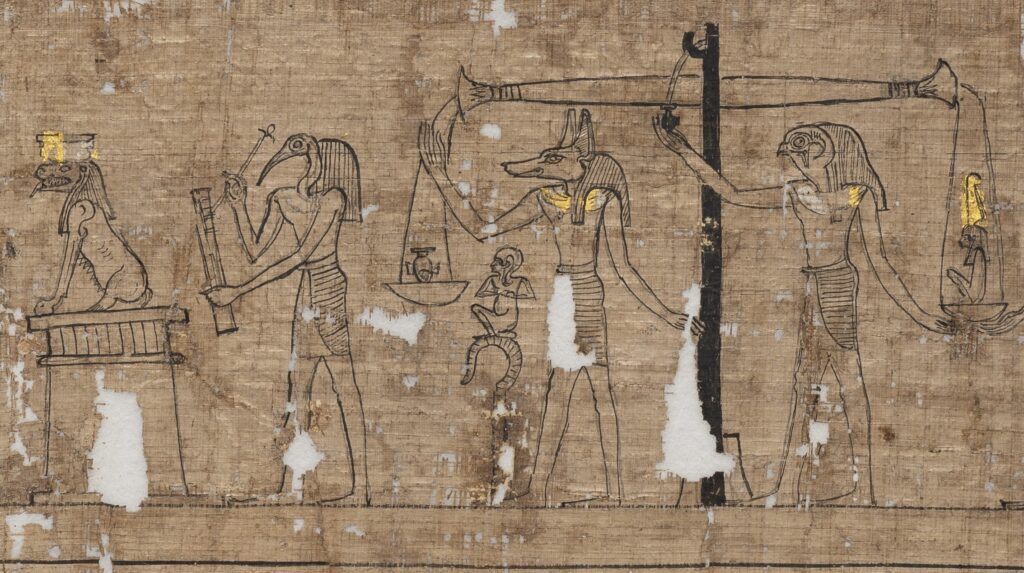 Book of the Dead: The jackal-headed god of embalming, Anubis (center), checks the balance of the scale; to his left, the divine scribe Thoth records the outcome. Scene from Book of the Dead of Ankhmerwer, 305–30 BCE, Brooklyn Museum, New York City, NY, USA. Detail.
