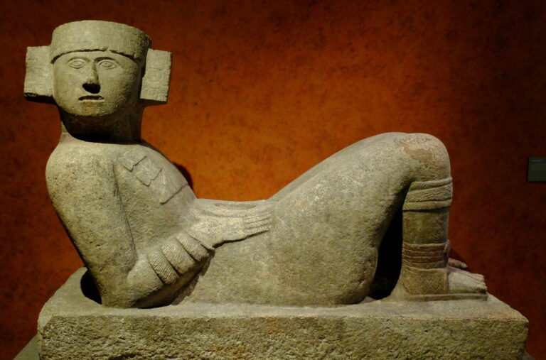Chacmool: Chac Mool, Museo Nacional de Antropología, Mexico City, Mexico. Photograph by Ziko via Wikimedia Commons (CC-BY-SA-3.0).
