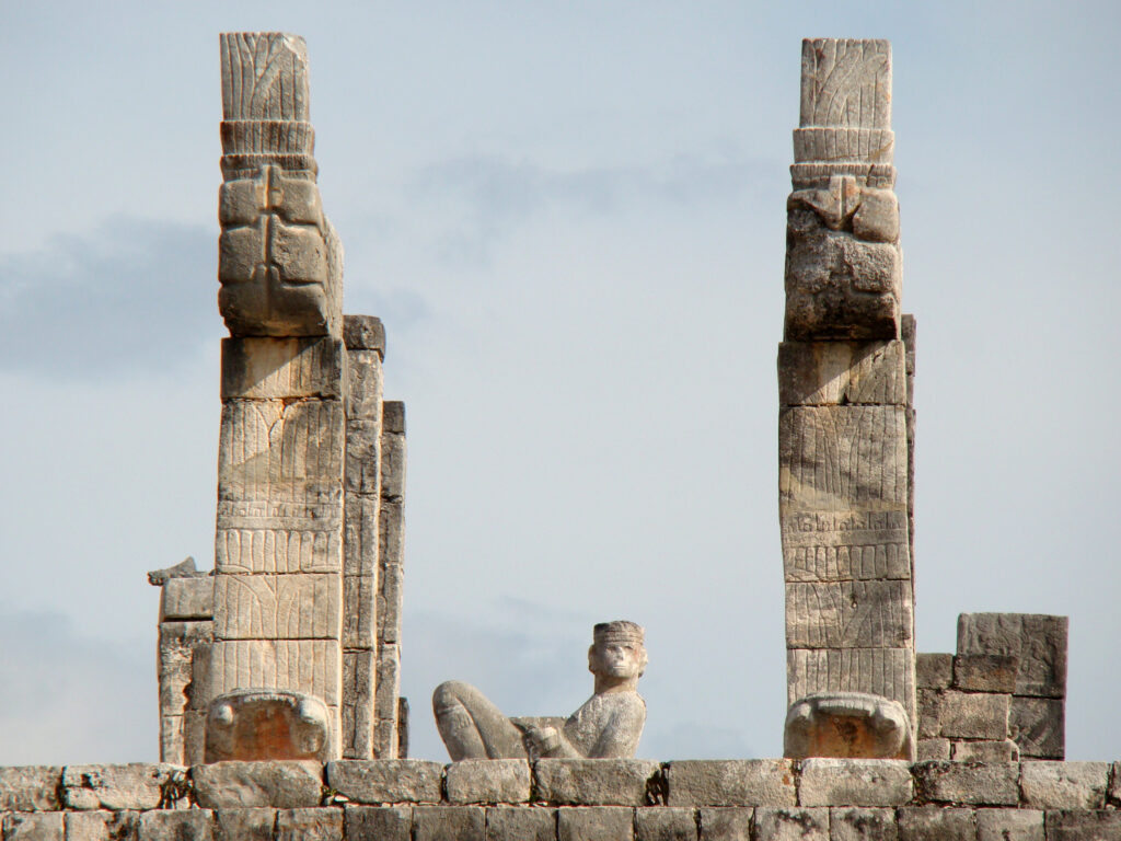 Chacmool: Chac Mool statue on top of the Temple of the Warriors, Chichén Itzá, Mexico. Photograph by Bjørn Christian Tørrissen via Wikimedia Commons (CC-BY-SA-3.0).
