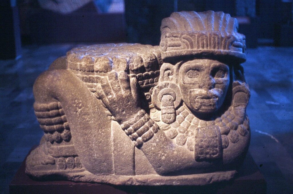Chacmool: Chac Mool, Museo Nacional de Antropología, Mexico City, Mexico. Photograph by Gerd Eichmann via Wikimedia Commons (CC-BY-SA-4.0).

