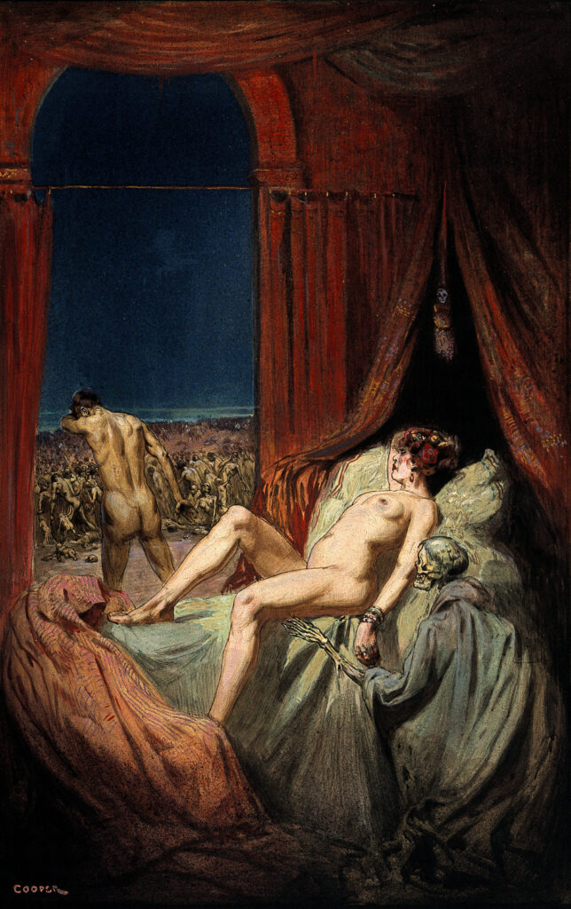 Victorian Syphilis: Richard Tennant Cooper, A Provocative Naked Young Woman Lying on a Bed, Death (a Cloaked Skeleton) Sits at her Side, a Naked Man Walks Away from the Bed with his Head Bowed, Towards a Throng of Diseased and Dying People; Representing Syphilis, 1912, Wellcome Collection, London, UK.
