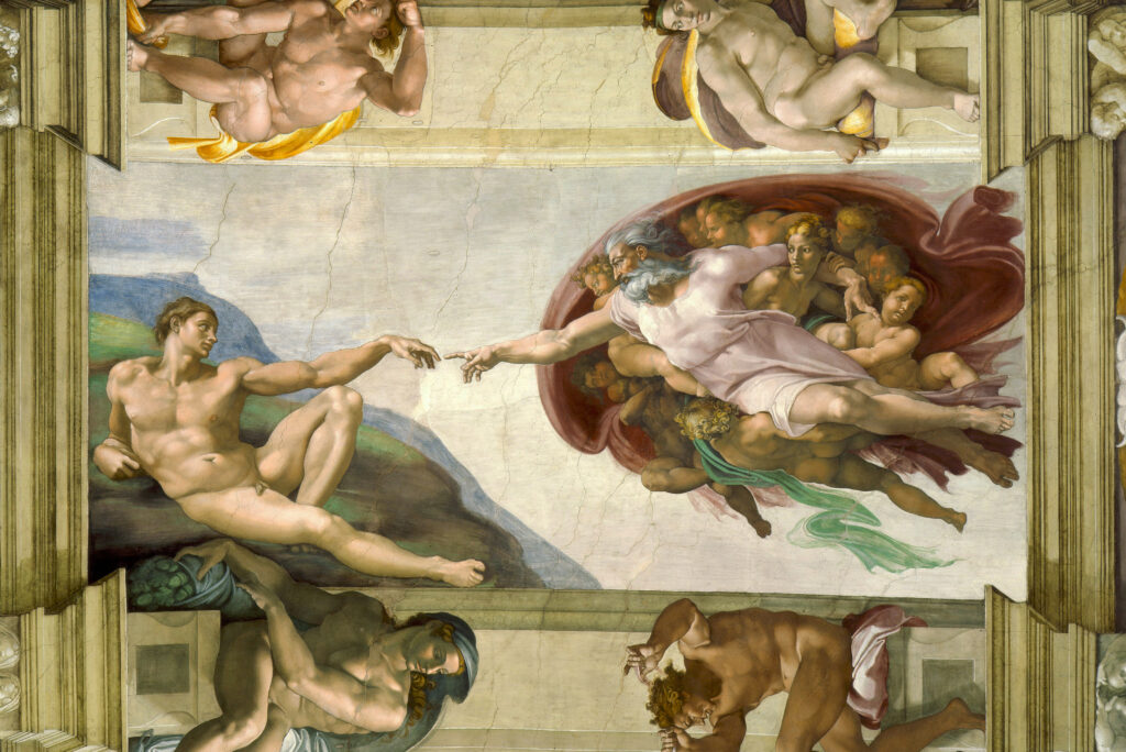 Michelangelo masterpieces: Michelangelo, Creation of Adam from the Sistine Chapel, 1508–1512, Apostolic Palace, Vatican City.
