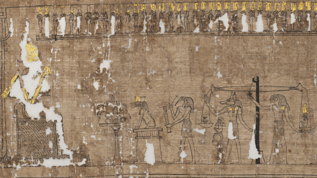 Book of the Dead: Osiris presides, while his 42 judges—each marked with a golden Ma’at feather—stand above. Spell 125: Ankhmerwer Comes Before Osiris in the Judgment Hall of the Two Truths from Book of the Dead of Ankhmerwer, 305–30 BCE, Brooklyn Museum, New York City, NY, USA. Detail.
